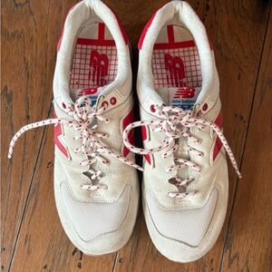 Red and off white new balance 574